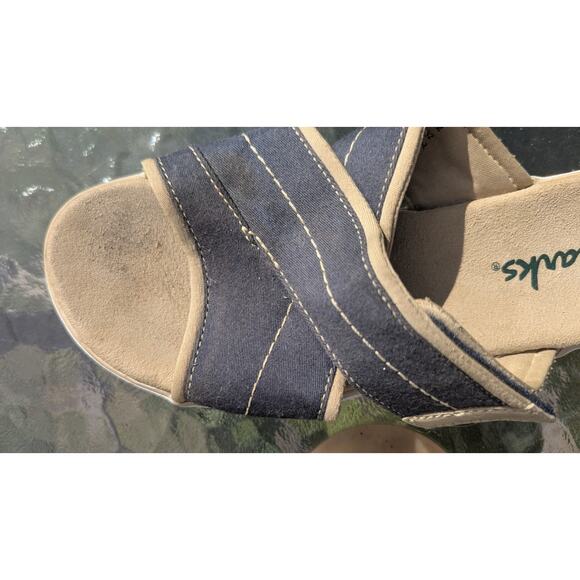 Clarks Adjustable Canvas Blue/Tan Sandals Open Toe Slip On Women’s Size 6 M - Picture 6 of 9